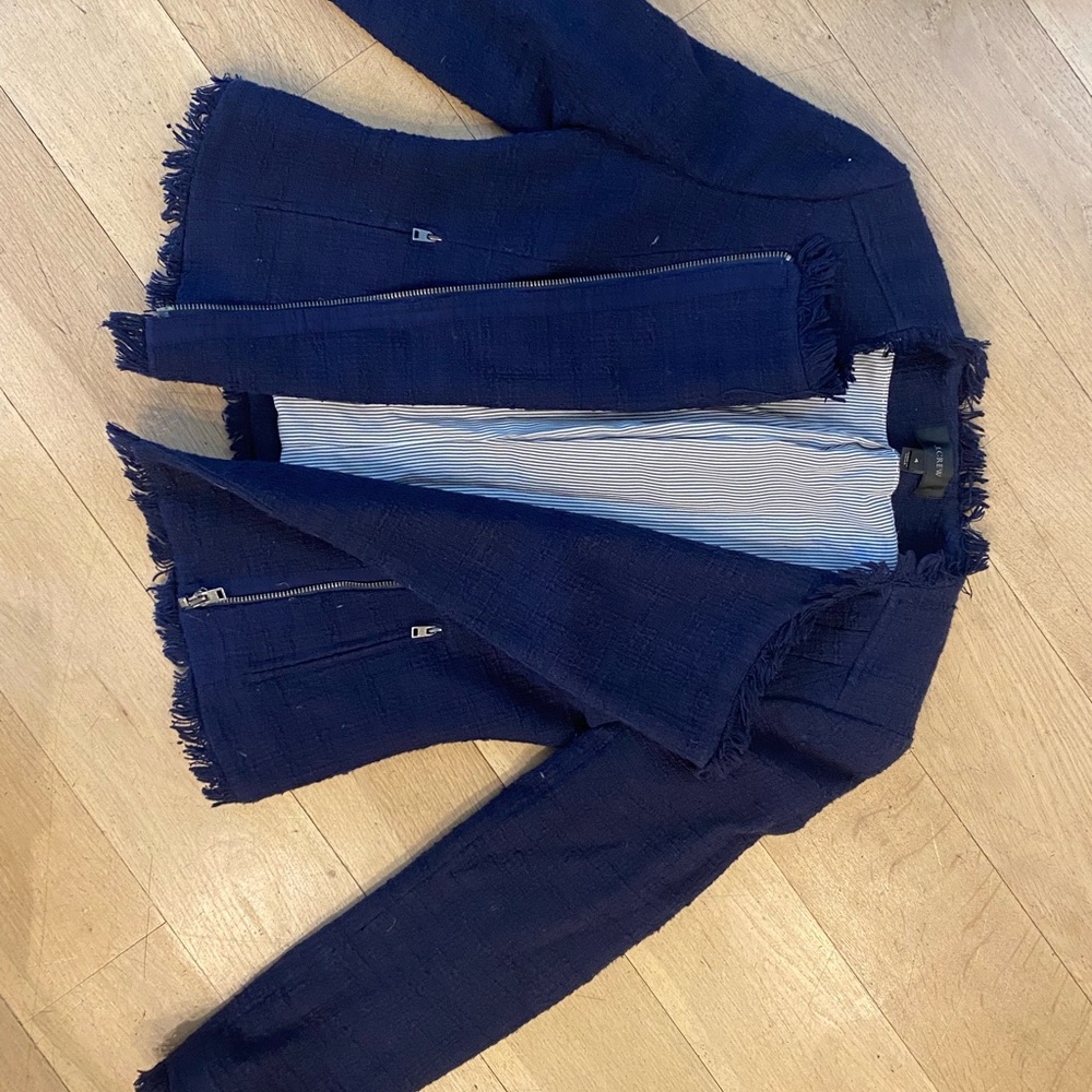 J Crew Boucle and fringe zip up jacket